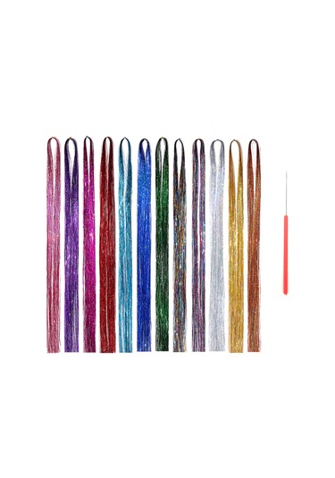 Dofolink 90cm 12 Renkli Renkli Saç Ek Uzantısı, Parlak Renkli Metalik Ipler Ve Örgü İğnesi Seti Çok Renkli