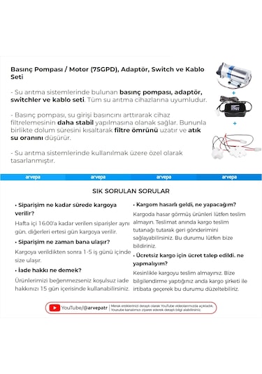 Su Arıtma Cihazı 75gpd Basınç Pompası Tam Kit Motor
