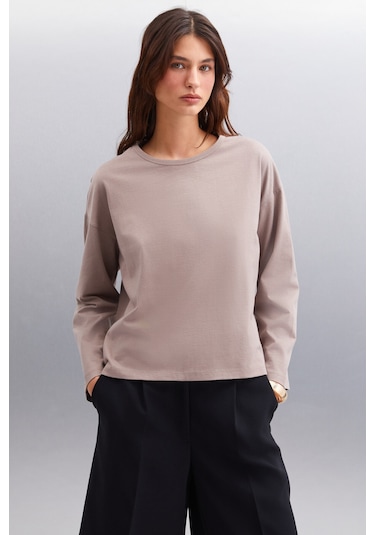 Basıl  Kadın Oversize %100 Organik Pamuk Örme Uzun Kol Vizon T-shirt