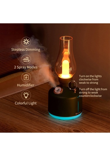 Geeksen Siyah Kerosene Şekilli Usb Nemlendirici - Sürekli/ardışık Buhar Modu, 7 Renkli Işık, Ev Ofis Dekorasyonu