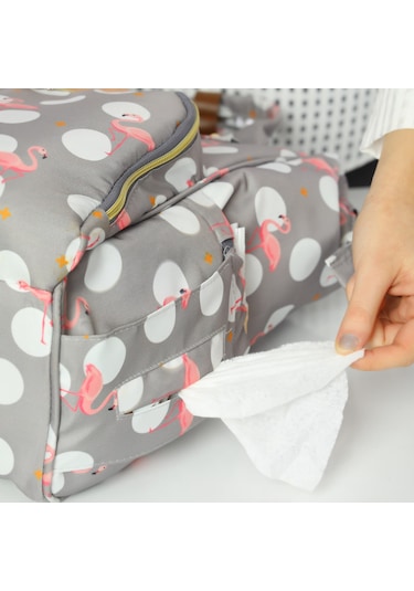 Lal Baby Flamingo Desenli Anne Bebek Bakım Sırt Çantası Gri