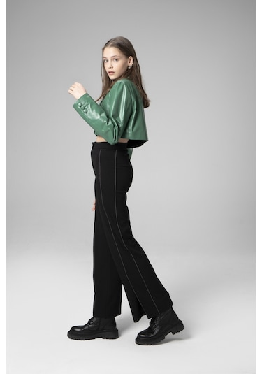 Yeşil Overlay Dericlub Wm034 Gerçek Deri Crop Blazer Kadın Ceket