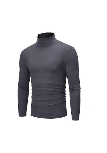 Koyu Gri Sıcak Örme Gömlek Şık Üst Balıkçı Yaka Düz Renk Esnek Örme Gömlek Koyu Gri