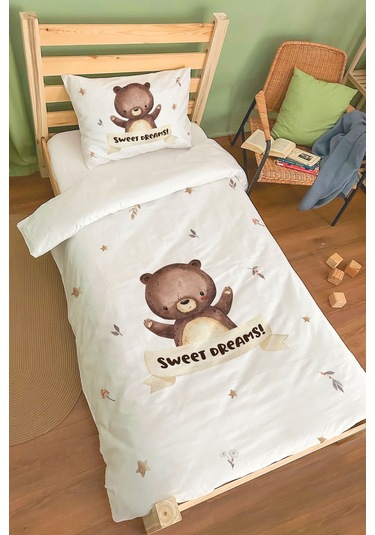 Organik Tek Kişilik Nevresim Takımı 160x220 - Minik Dostum Ayıcık Renkli