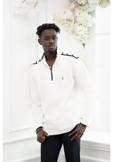 Frank Leon Regular Fit Dik Yaka Yarım Fermuarlı Biyeli Pamuklu Sweatshirt Beyaz