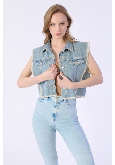Taşlı Sıfır Kol Püsküllü Denim Ceket-a.mavi Açık Mavi