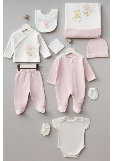 Bebitof Balonlu Tavşan Desenli 10 Parça Kutulu Yenidoğan Hastane Çıkışı Zıbın Seti Pudra