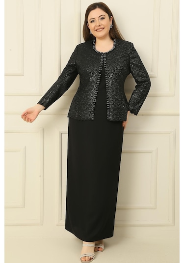 Yaka Taşlı Astarlı Uzun Krep Elbise Pullu Ceket Büyük Beden 2'li Takım-36241 Siyah