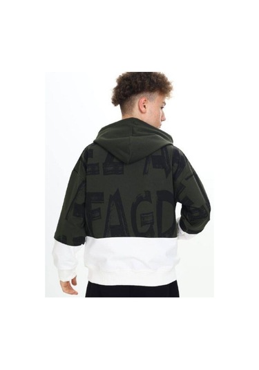 Çocuk Kapüşonlu Harf Desenli Kanguru Cepli Sweatshirt-14800 Haki