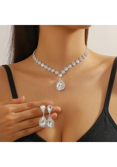 Beyaz 2 Adet/takım Kadınlar Düğün Takısı Seti Su Damlası Şekli Parlayan Sahte Kristal Gerdanlık Kolye Dangle Küpe Seti Beyaz