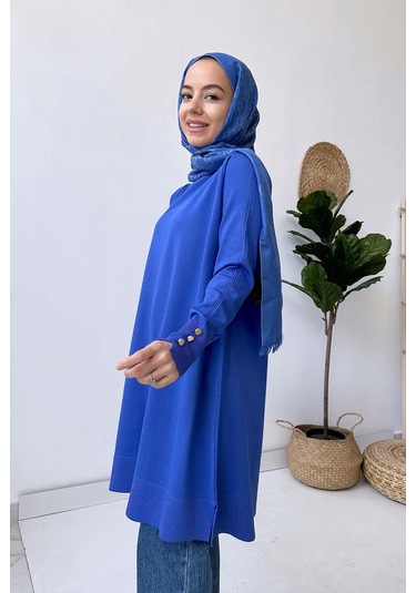 A Form Işıltılı Merserize Tunik - Mavi Saks Mavi