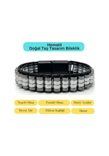 Sertifikalı Hematit Doğal Taş Tasarım Erkek Bileklik Siyah