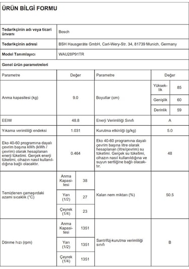 Bosch WAU28P91TR 1400 Devir 9 KG Çamaşır Makinesi