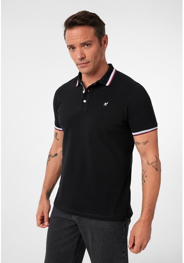 Javeir Erkek Regular Fit Çizgi Detaylı Polo Yaka T-shirt Siyah
