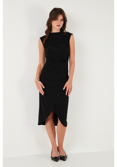 Lela Drape Ve Yırtmaç Detaylı Sıfır Yaka Kolsuz Midi Boy Bayan Elbise 611El694 Siyah