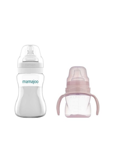 Mamajoo Antikolik Biberon 250 ml & Antikolik Akıtmaz Alıştırma Bardağı 160 ml – Powder Pink