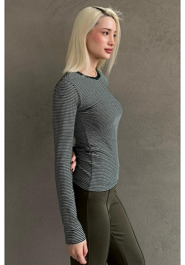 Yeşil Çizgili Uzun Kollu Kadın Body Mg2657 Yeşil