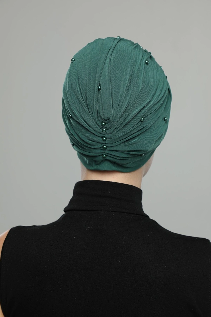 Kopma Astarlı Işlemeli Yeşil Sırma Motifli Hazır Türban Tesettür Abiye Bone Yeşil Sırma