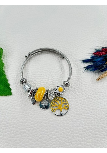 Bhs Life Kadın Charmlı Sarı Renk Kristal Taşlı Hayat Ağacı Çelik Bileklik