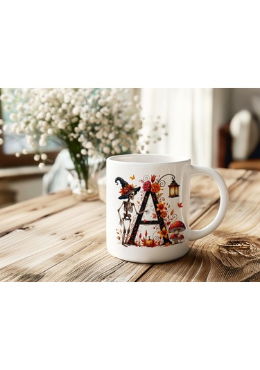 A Harfi Şapkalı İskelet Figürlü Ve Çiçekli Kupa Bardak - Cadılar Bayramı / Halloween Özel Hediye Beyaz