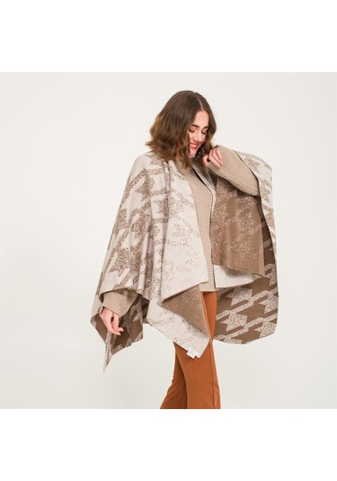 Kaz Ayağı Desen Çift Taraflı Triko Kadın Şal Panço-Kahverengi-140X140 Kahverengi
