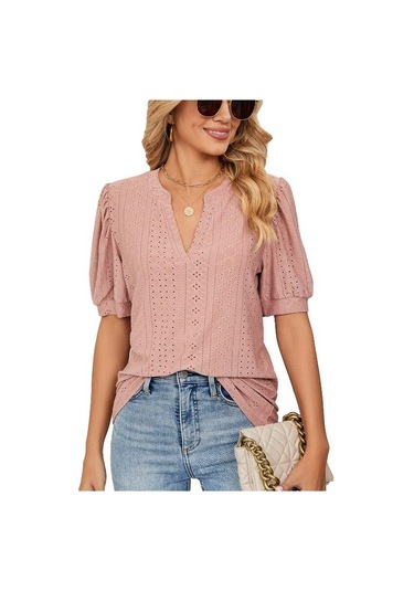 Yaz Katı Dantel Kadın Gömlek Zarif Içi Boş Puf Kısa Kollu Kazak Bluz Kadın Rahat V Yaka Gevşek Kadın Üstleri Blusas 24698 Wow
