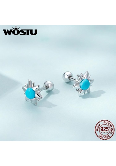 Wostu 925 Ayar Gümüş Minik Güneş Saplama Küpeler Kadınlar İçin Trendy Güzel Düğün Takısı Mavi Turkuaz Piercing Küpe