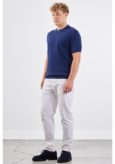 Dufy Lacivert Polo Düğme Yaka Düz Renk Slim Fit Erkek Triko Lacivert