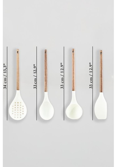 Akasya Saplı 4'lü Silikon Mutfak Gereçleri Seti Kepçe Kevgir Mutfak Kaşığı Spatula