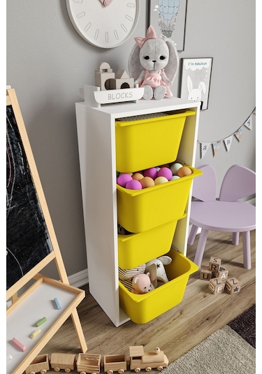 %100 Mdf - Large Mono 4 Büyük Sepetli Oyuncak Dolabı Sarı