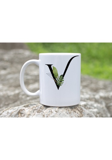 V Harf Zarif Yaprak Desenli Kupa Bardak - Naturel Sade Alfabe Harfli Bardak - Kişiye Özel Hediye Beyaz