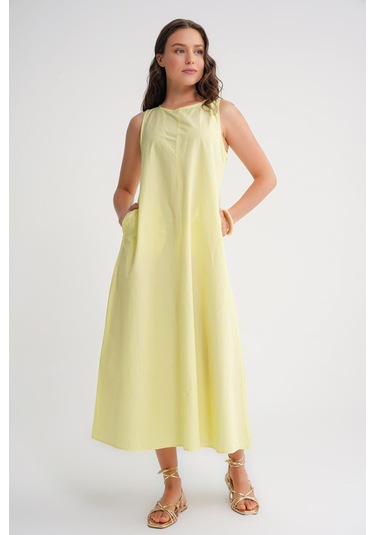 4690 Kadın Bisiklet Yaka Sıfır Kol Midi Paraşüt Elbise Sarı Sarı