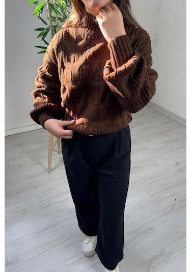 Explode - Kadın Kahve Yarım Boğazlı Örgülü Oversize Triko Kazak Kahverengi
