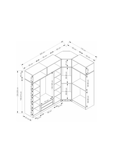 Kaleplus 7 Kapaklı 2 Çekmeceli Köşe Dolap + Yüklük Beyaz Mebran Beyaz Çizgili 255cm Beyaz