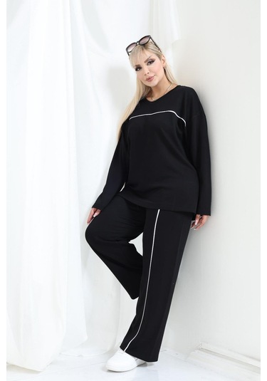 Kadın Büyük Beden Oysho Tarzı Modal Kumaş Uzun Kollu Biyeli Rahat Günlük Takım Siyah