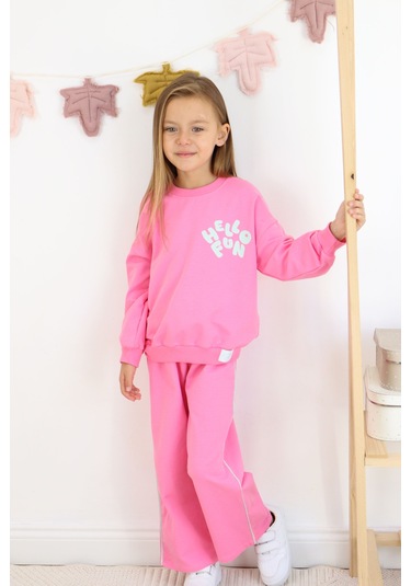 Kız Çocuk Hello Fun Baskılı İspanyol Paça İki İplik Eşofman Takımı Koyu Pembe