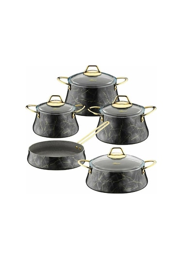 Brioni Marble 9 Parça Siyah Tencere Seti