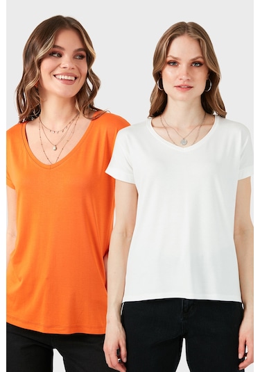 Lela V Yaka Relaxed Fit Yırtmaç Detaylı 2'Li Paket Bayan Bluz 5862000S2 Ekru-Oranj