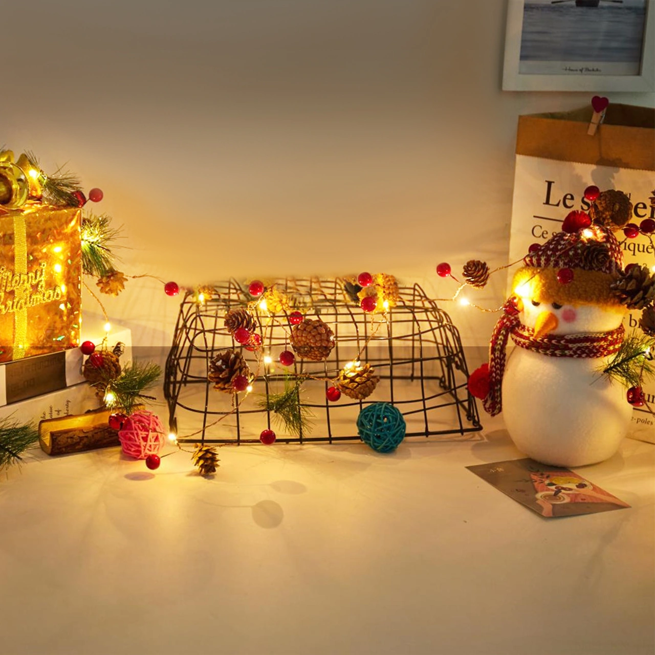 Kangvka Pinecone Kırmızı Meyve Dekoratif Led Bakır Tel Lambası - Pilli, Kreatif Ev Dekoru Işıklı Zincir Diğer