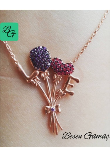 Love Aşk Pembe Kalp Balon Buket Kolye Rose - Gold -  Gümüş