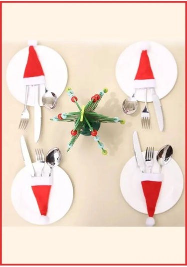 Vkemall Noel Tatlımı Santa Şapka Desenli 12 Cm 30'lu Masa Dekorasyon Seti - Çatal Bıçak Ve Şişe Süsü İçin Dayanıklı Fiber Ve Sahte Süet Malzeme Kırmızı