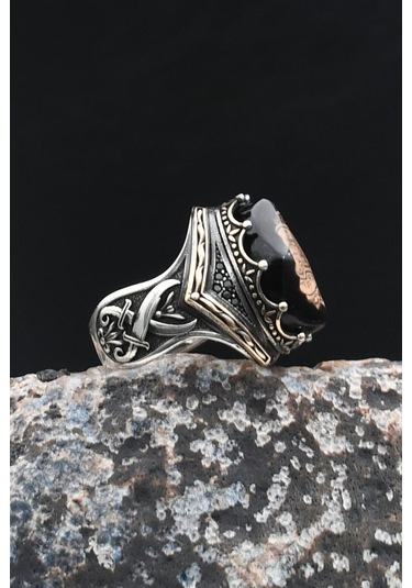 Hz. Ali Zülfikar Kılıcı Ve Hasbiyallah Yazılı Sıkma Kehribar Taşlı 925 Ayar Gümüş Yüzük 901997 Gümüş