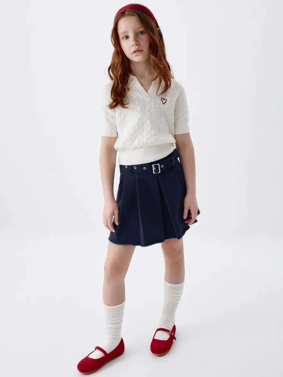 Sela Okul İçin Kemerli Fırfırlı Kısa Tweed Etek. 432694471 Mavi