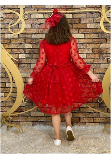 Fiyonk Detaylı Puantiyeli Kurdelalı Tül Elbise - Tül Abiye - Mezu