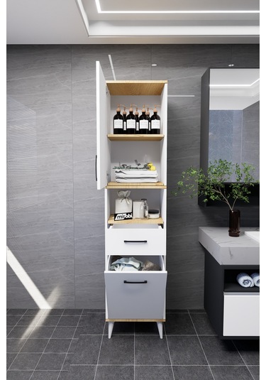 Lula Çok Amaçlı Dolap Banyo Dolabı Kirli Çamaşır Sepeti Dolabı Beyaz Beyaz