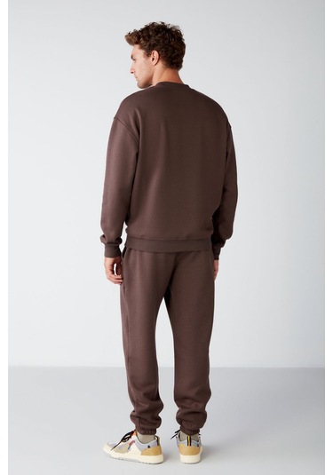 GRIMELANGE Benjı Erkek Yumuşacık Kumaşlı Nakışlı Kahverengi Eşofman Takımı Kahverengi