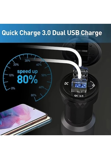 Motion003 Çift Hizli Sarj Cihazi 3.0 Usb Led Ekranli Alüminyum Dın Hella Fiş 12v-24v Yeşil