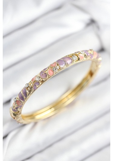 Mineli Pirinç Zirkon Taşlı Pembe Mor Çiçek Motifli Gold Kadın Kelepçe - Tj-bb7814 Çok Renkli