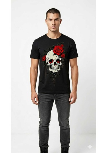 Erkek Kuru Kafa Kırmızı Gül Detayı Baskılı Pamuklu Regular T-shirt Siyah