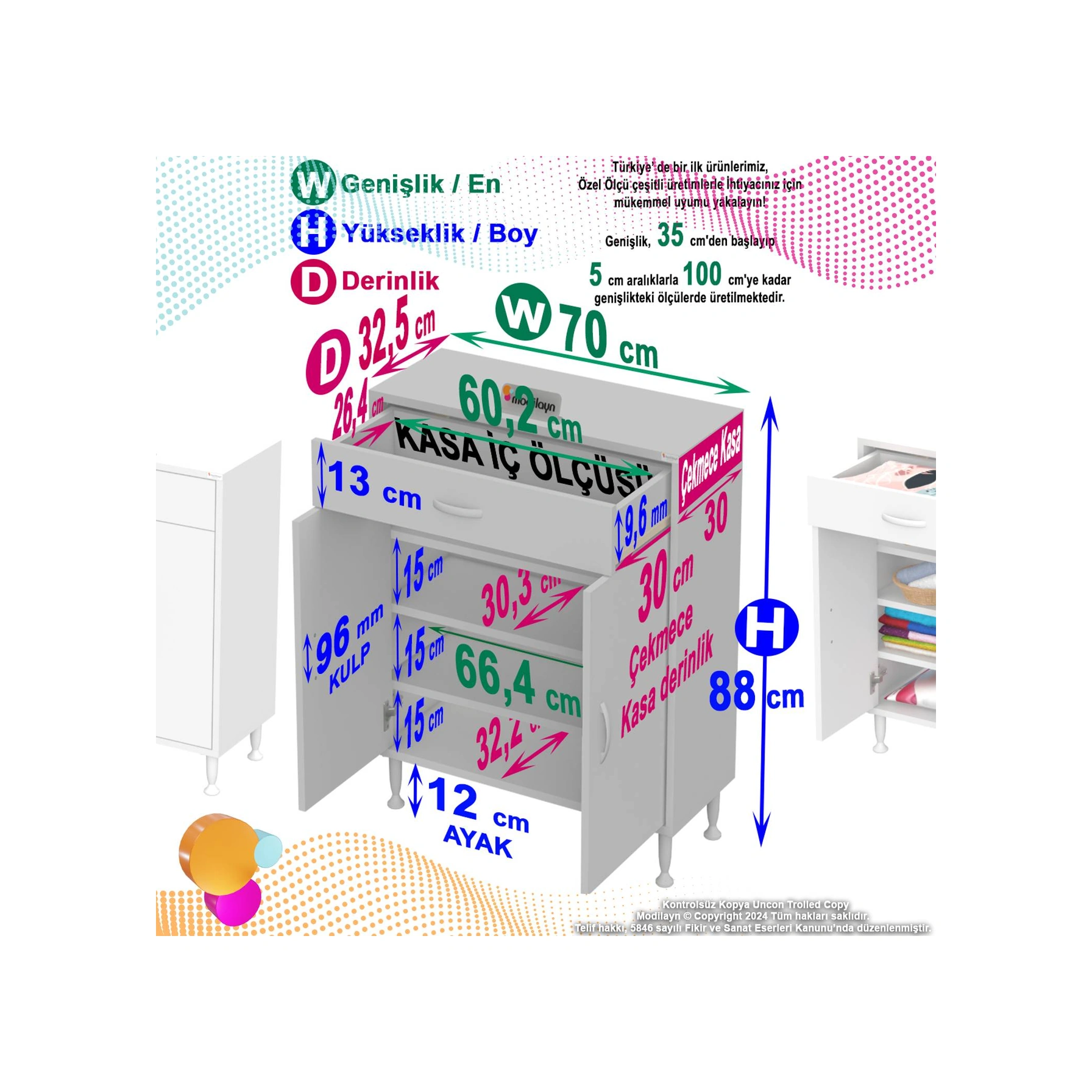 Mira Banyo Ve Mutfak Dolabı Çok Amaçlı Dolap Tek Çekmece 2 Kapak 3 Raf 4 Bölme 70x88x32,5 Cm Beyaz